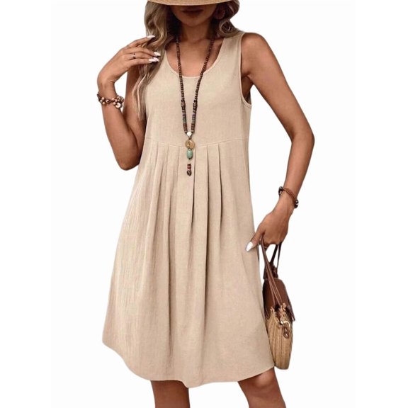 Women's Tea Length Round Neck Waist Sundresses Sleeveless Dress for Summer Khaki S