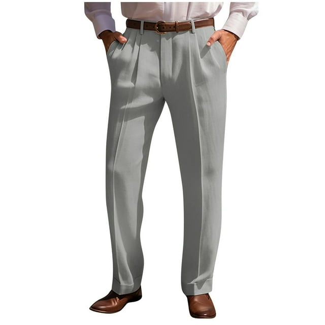 YanHoo Pantalons Décontractés en Coton et Lin pour Hommes, Pantalons Habillés à devant Plat
