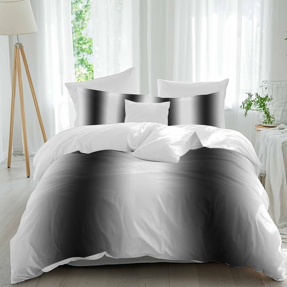 3 Piece White Black Duvet Cover Set Queen Size,Microfiber Comforter/Quilt Cover with Corner Ties and 2 Pillowcases,Modern Gradient Vertical Stripes Geometric All Season Bedding with Zipper Closure