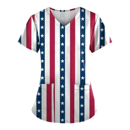 

Sksloeg Print Scrub Tops for Women American Flag Star Print Patriotic Top Workwear with Pockets Short Sleeve V-Neck Nursing Working Uniform White XXXXXL