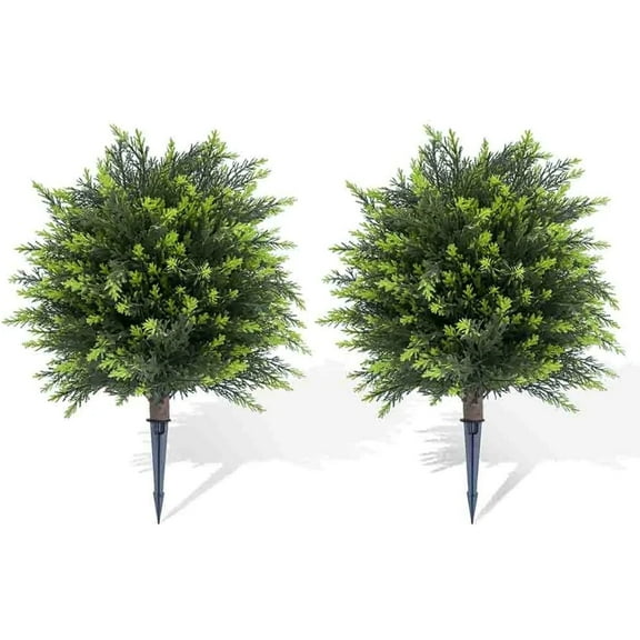YUSS 21 inch Artificial Cypress Topiary Plants 2 Pack, Faux Cedar Bushes with Ground Spike UV Resistant, Outdoor Fake Shrubs for Front Porch Decor