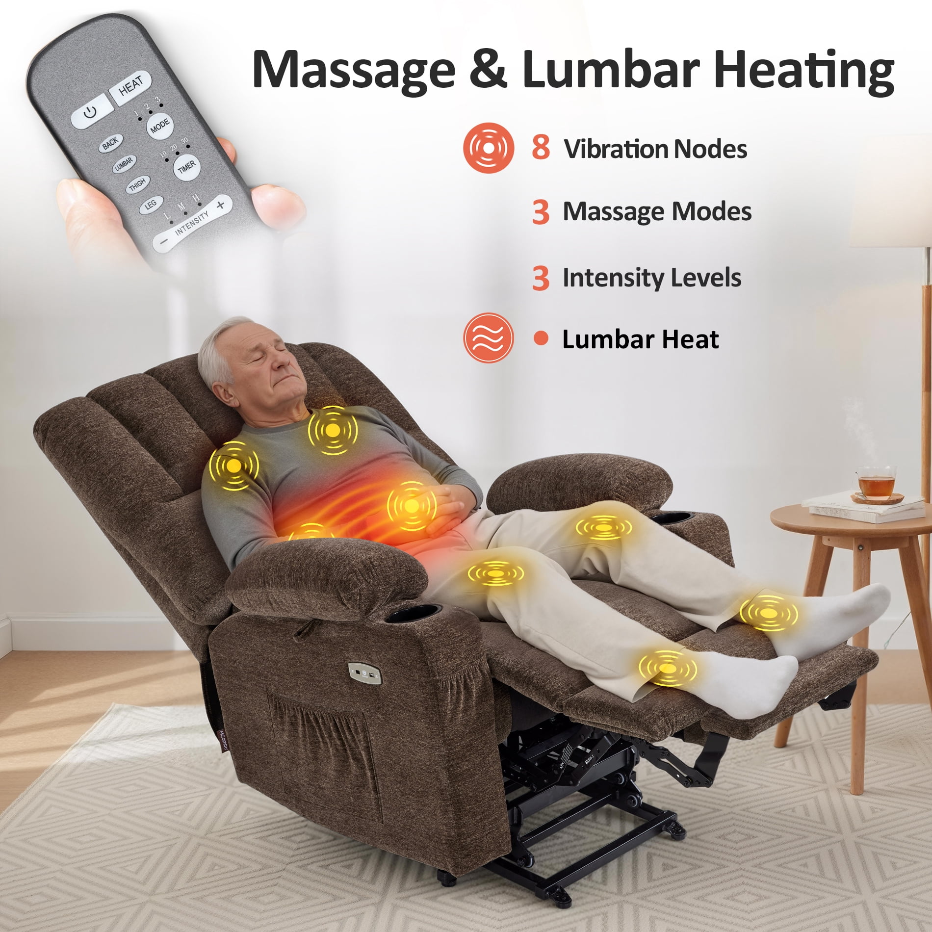 MCombo Power Lift Recliner Chair with Massage Heat, Extended Footrest, Fabric(Medium-Regular, Coffee)