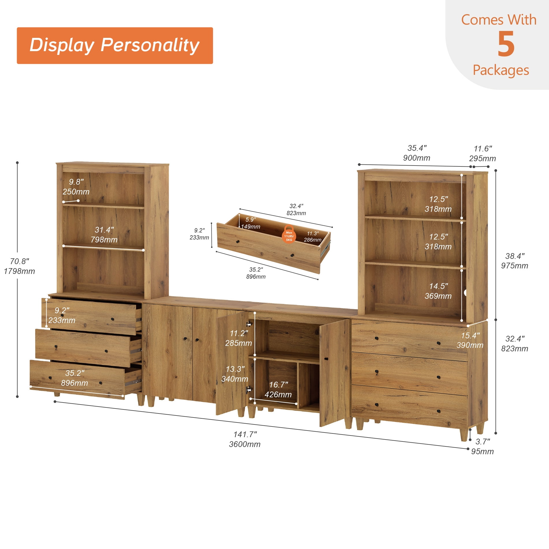 Modern Wall Unit Entertainment Center for 75" TVs with Drawers&Doors,Oak Brown