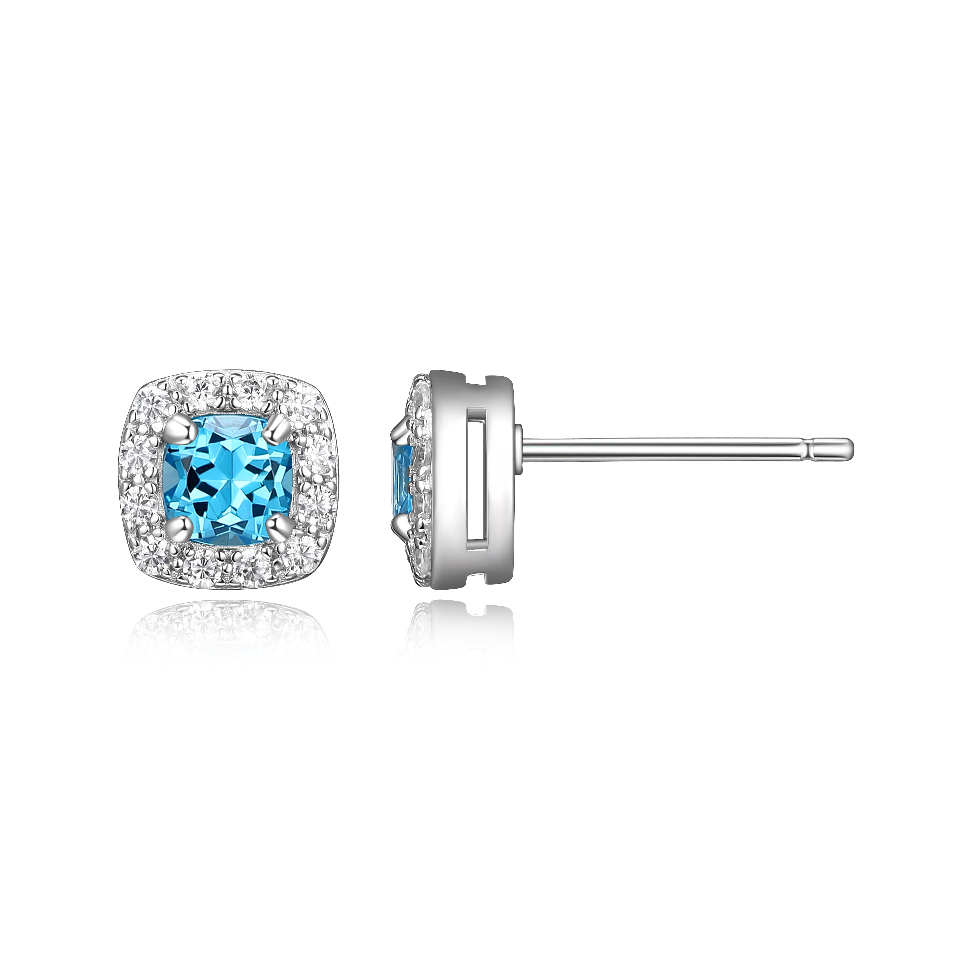 Forever Facets Women's Platinum over Sterling Silver Genuine Swiss Blue Topaz and CZ Stud Earrings
