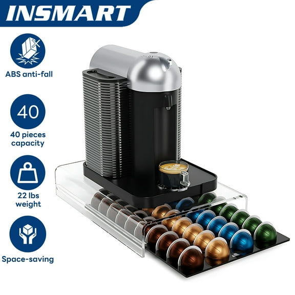 INSMART Nespresso Vertuo Capsule Organizer - 40 Pod Storage Drawer with Non-Slip Base, Space-Saving Design Fits Under Coffee Machine, Durable ABS Material (Black)