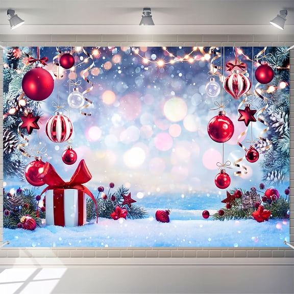 7x5ft Winter Wonderland Christmas Photo Backdrop Xmas Tree Snowflake Bokeh Banner Red Bauble Background for Party Photography