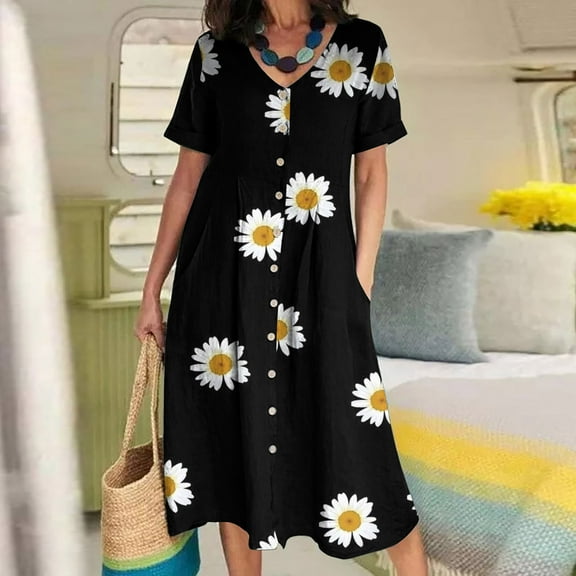 ZHUGeLI Beach Dresses for Women 2024 Vacation Swim Cover Up V-Neck Summer Dress Button Down Sleeveless Boho Floral Sundress