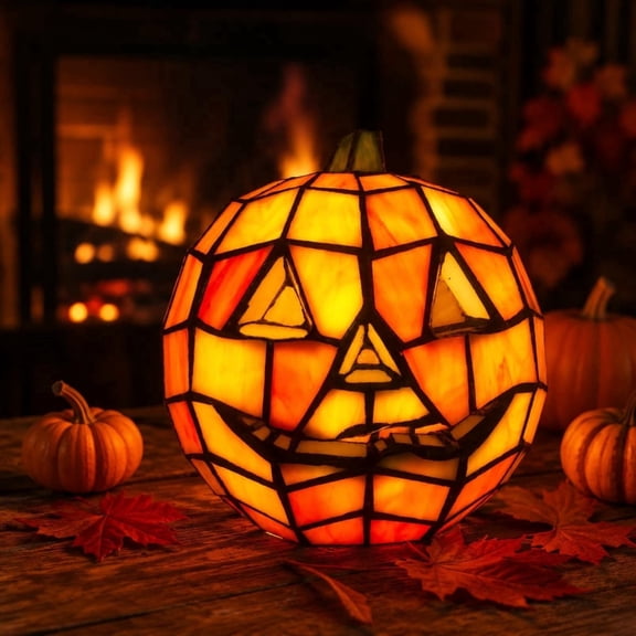 Halloween Decorations Indoor Stained Glass Pumpkin Lamp, Whimsical Fall Decor LED Night Light, Pumpkin Decor for Home Tabletop Shelf Mantel Halloween Display