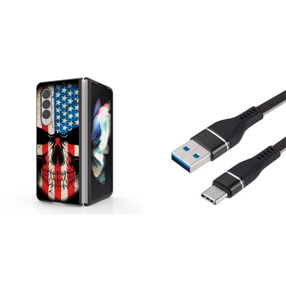 Accessory Bundle for Galaxy Z Fold 4: Slim Snap-On Case (American Flag Skull), Nylon Braided USB-C to USB-A Cable (3 Feet)