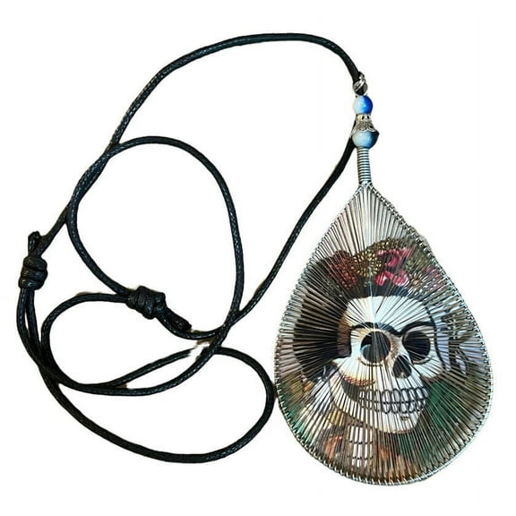 Frida Kahlo Skeleton Handmade Necklace Graphic Silk Thread Teardrop Mexico 4” New