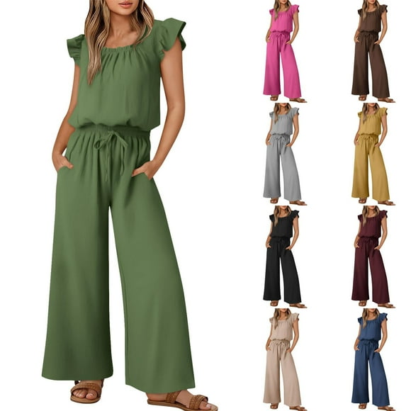 JURANMO Limited Time Sales of The Day, Linen Jumpsuits for Women 2025 Summer Ruffle Sleeves Square Neck Rompers Casual Drawstring Waist Wide Leg Overalls with Pockets Navy L