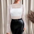 thumbnail image 2 of Fewfanhot Womens Clothing Mesh Bodysuit Mock Neck Long Sleeve Sheer Rhinestone Going Out Top, 2 of 6