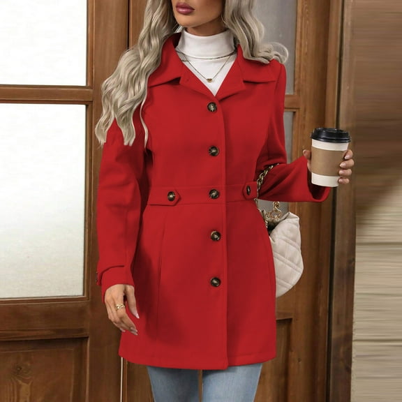 Antqov Wool Coats for Women, Solid Color Long Lapel Collar Button Tapered Waist Slim Coat, Business Elegant Fashion Warm Overcoat