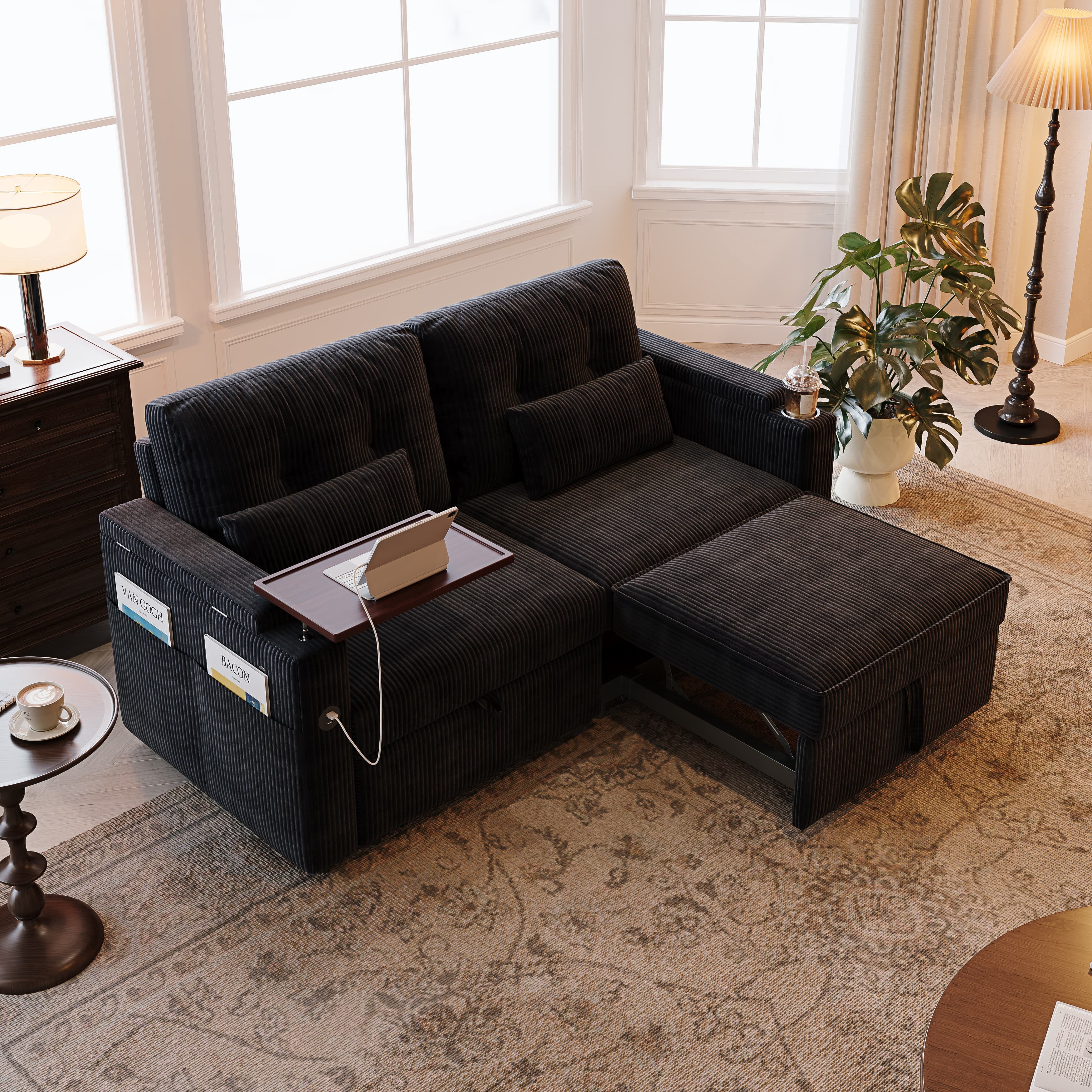 Aukfa 73" 3-in-1 Convertible Sleeper Sofa Bed, Corduroy Pull-Out Couch with 360° Swivel Side Table, USB Ports & Storage Armrests, Oversized Queen, Black