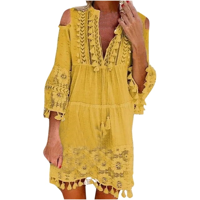FAVIPT Maxi Robe Bohème pour Femmes Manches Longues Col en V Longue Robe Épaule Tombante à Franges Robes Décontractées en Dentelle Été 2025 Robe Jaune,m