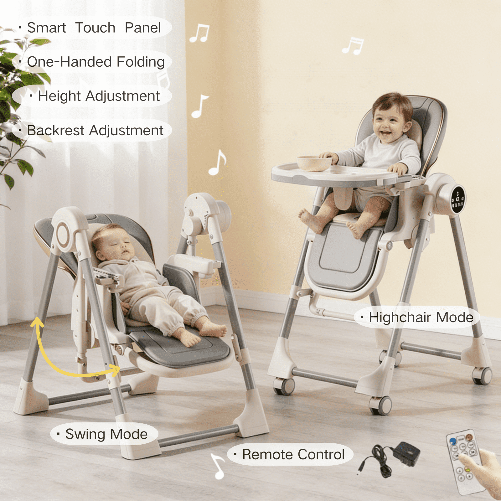Sunny Babe Electric Baby High Chair Convertible Dining Chair Baby Swing with Remote Control,Unisex,GREY