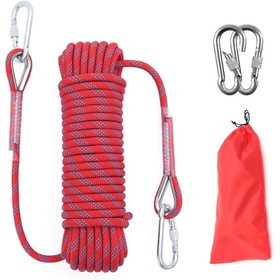 10mm/12mm (32FT/64FT) Climbing Rope, Outdoor Static Rock Climbing Rope, Tree Climbing Rappelling Rope, Escape Nylon Rope, Ice Climbing Equipment Fire Rescue Parachute Rope with 2 Steel Hooks