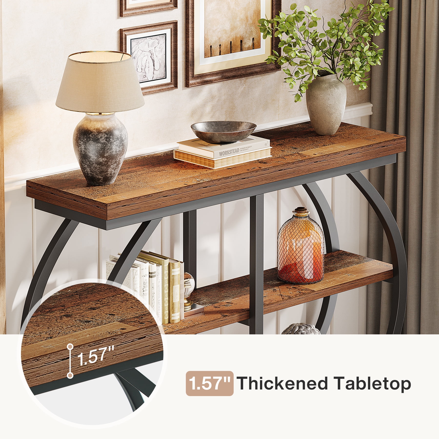 Tribesigns 41.3" Industrial Console Table: 3-Tier, Arched Metal Frame, Entryway Table with Storage Shelves, Mix Brown & Black