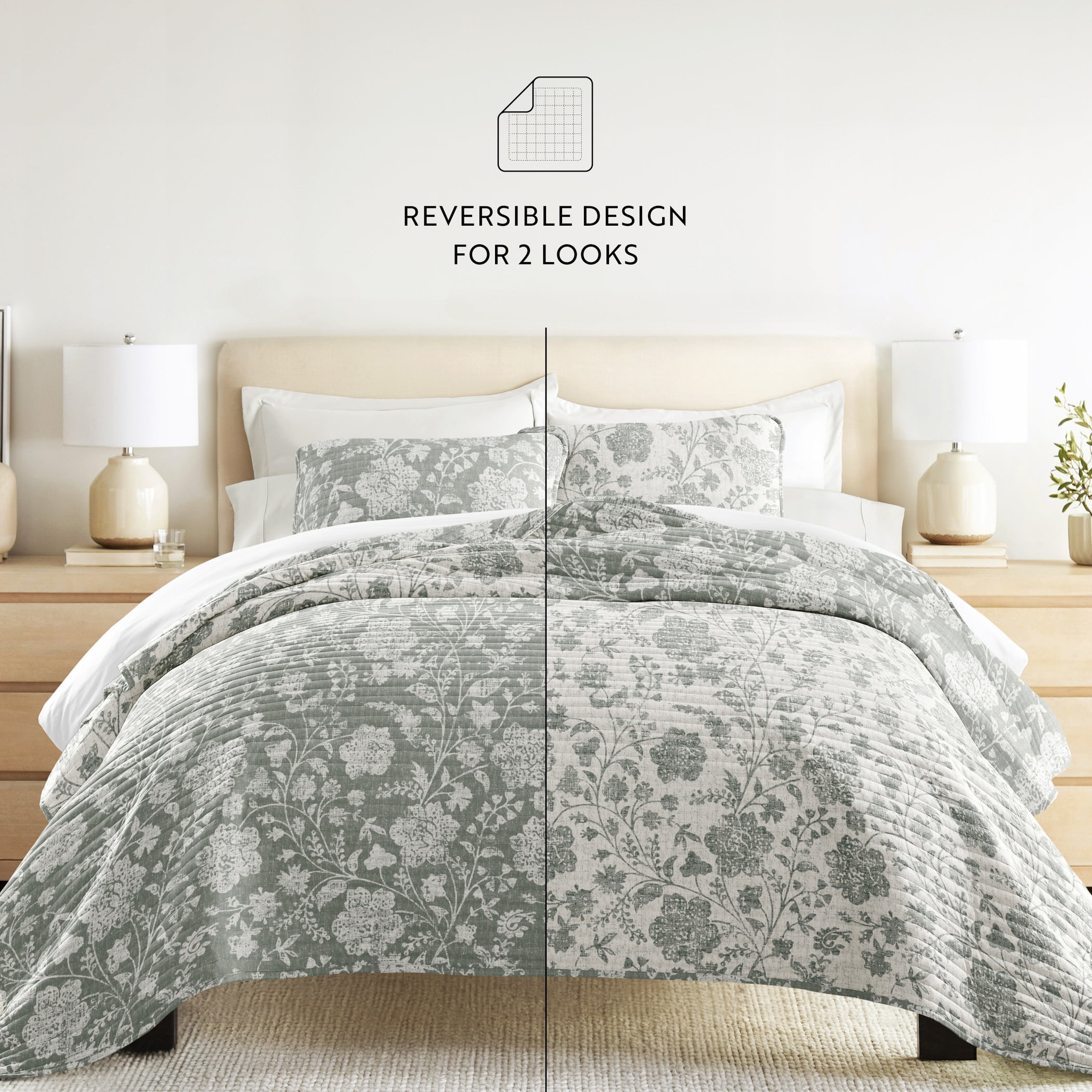 Noble Linens 3-Piece Eucalyptus Textured Floral Reversible Quilt Set, Queen