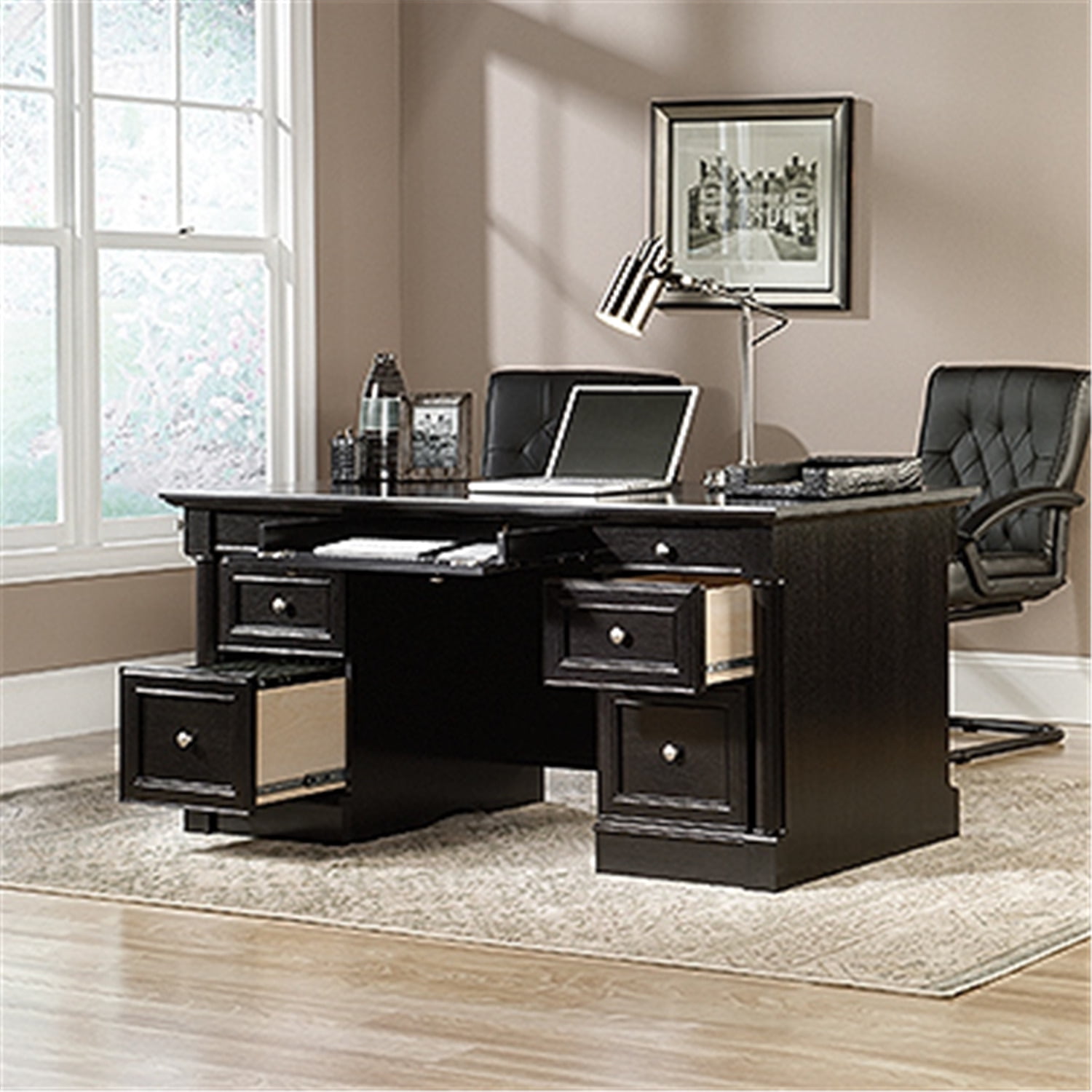 Sauder Palladia Engineered Wood Executive Desk in Wind Oak Finish