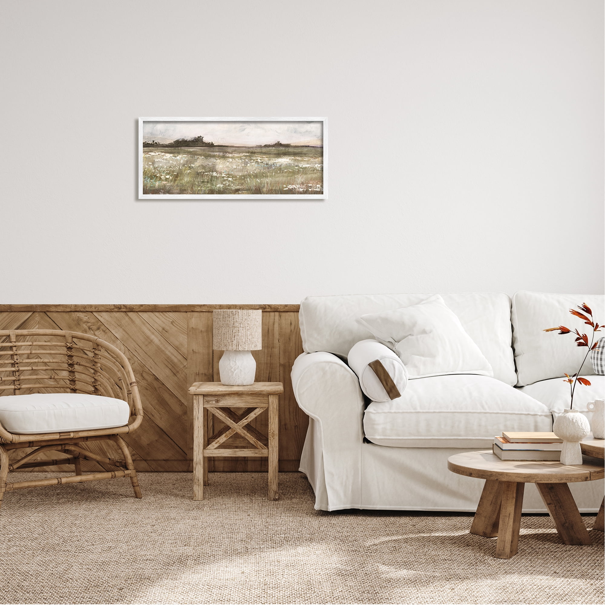 Stupell Industries Rural Country Meadow Nature Painting White Framed Art Print Wall Art, 30 x 13