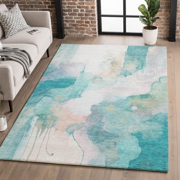 Addison Rugs Mayfield Premium Machine Washable Transitional Abstract Turquoise Rectangle Rug, 10' X 14' Machine Washable Transitional Abstract Turquoise Oversized Sherpa Throw Blanket