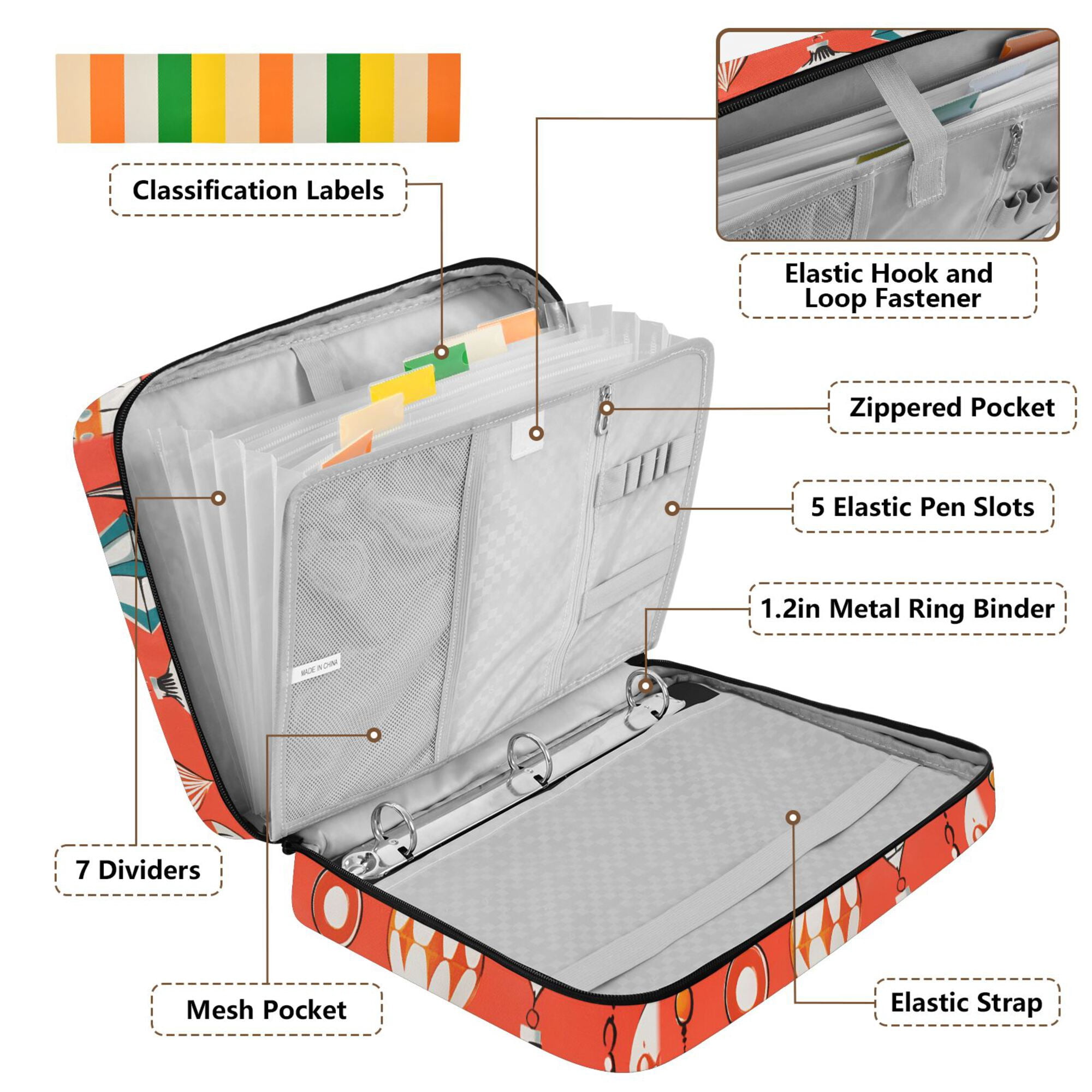 FORMRS Accordion File Folder A4 Size 7-Pocket Expanding Document Organizer Bag with 3 Ring Binder, Retro Christmas Ornaments Pattern
