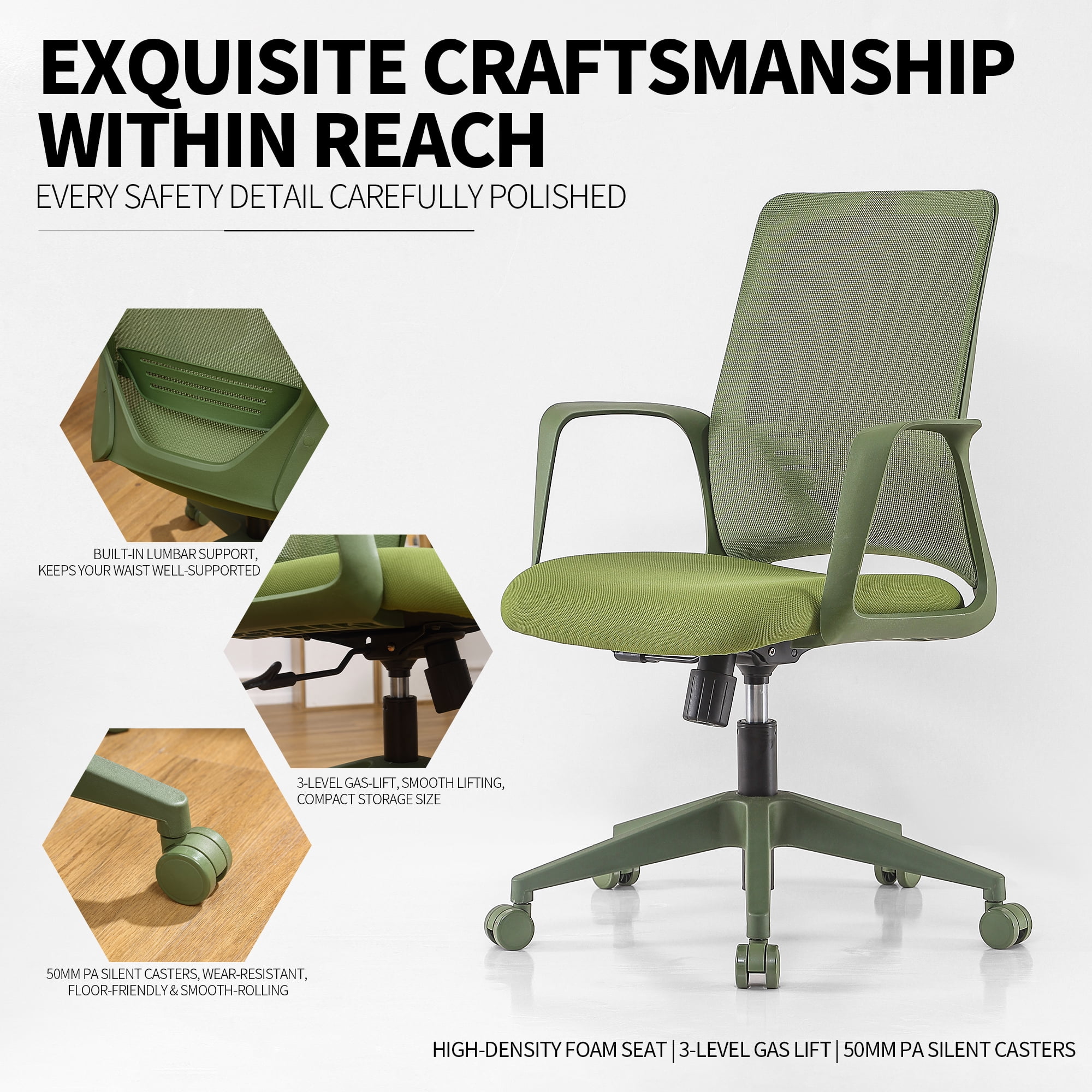 Executive Office Ergonomic Mesh Chair 350LBS, Office Seating, Mesh Fabric, Comfortable Sitting, Integrated Armrest, Lifting, Swivel Net Chair (Green)