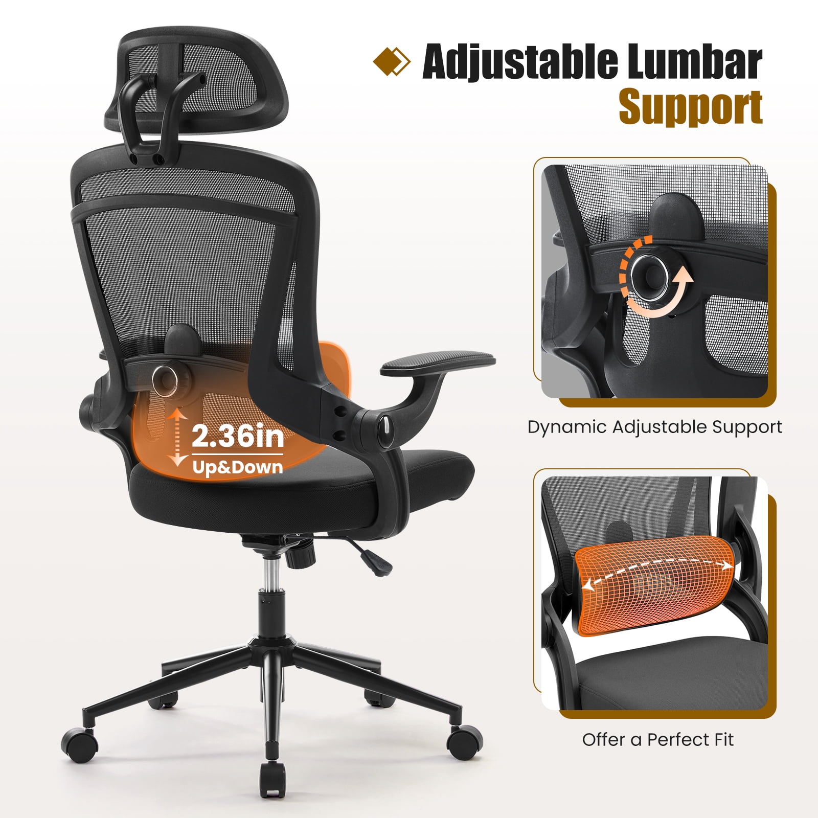 JIOABL Ergonomic Mesh Office Chair, High Back Desk Chair with Adjustable Lumbar Support, Headrest & Armrests, Swivel Task Chair, Black