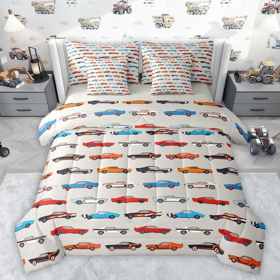 Castle Fairy Cartoon Car Boy Twin Bedding Sets 7-Piece,Car Theme Bedding Comforter Set Microfiber,Transportation Theme Breathable Sheet Sets,Super Cozy Room Decor,Reversible