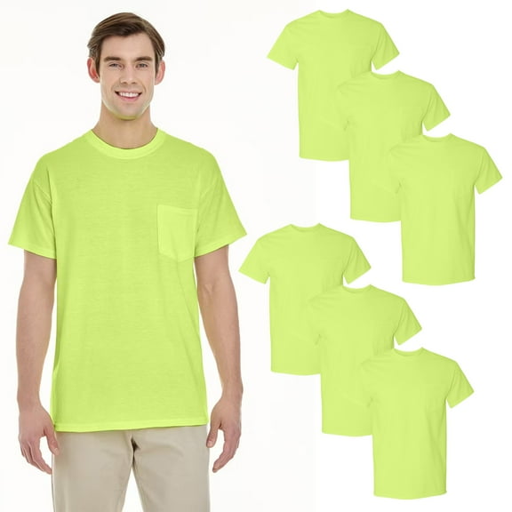 Gildan Heavy Cotton Men’s Hi Vis Pocket T-Shirt, Safety Green, Short Sleeve Tee, 6-Pack, S