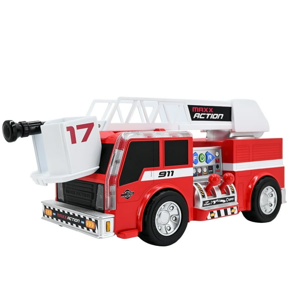 Maxx Action 2-N-1 Firetruck with Joystick Controls, Lights, Siren Sounds, Motorized Movement, and 360° Spinning Ladder