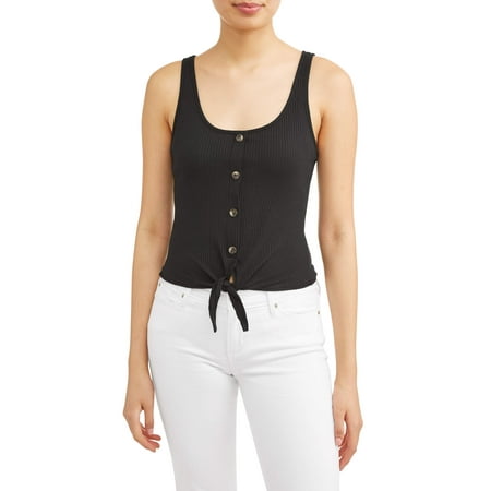Juniors' Button Tie Front Rib Knit Tank