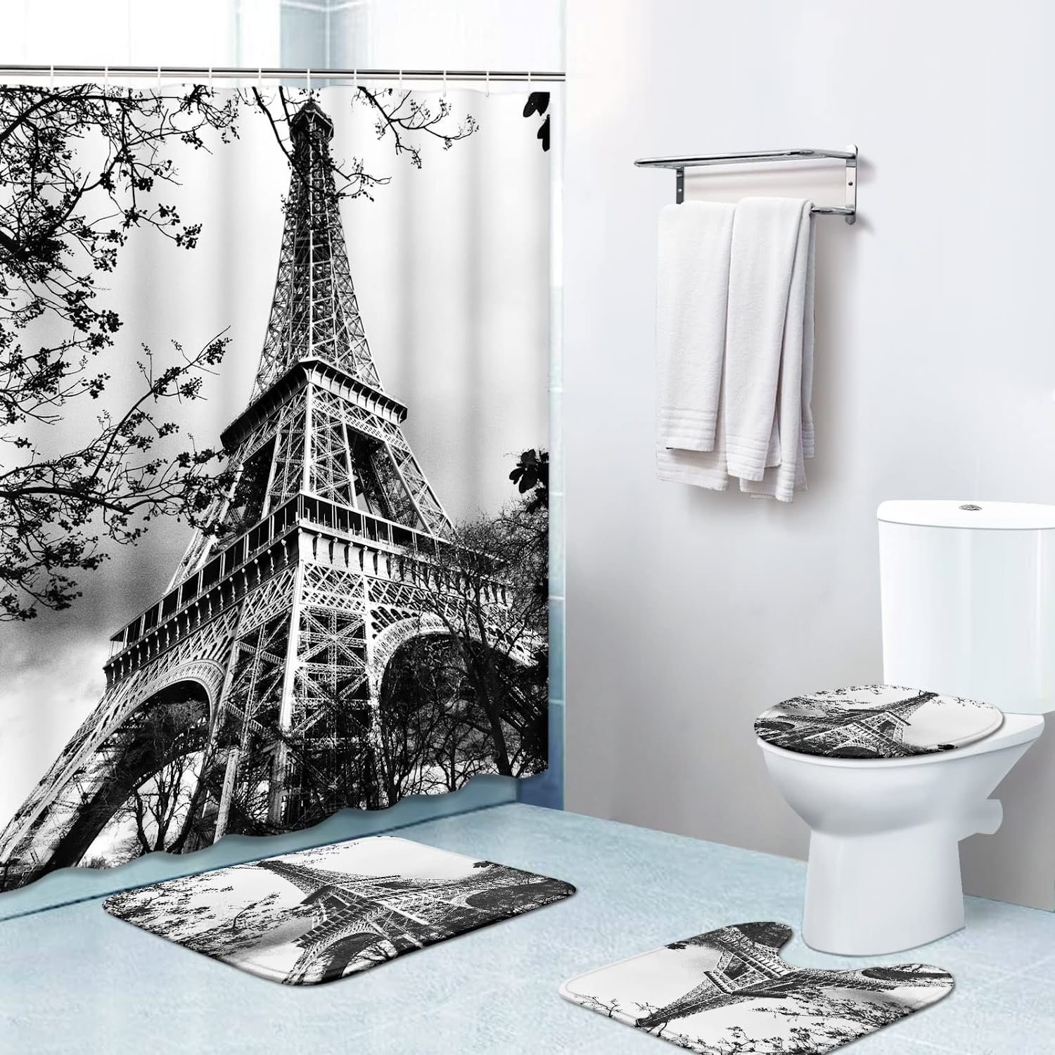 Zhanzzk Eiffel Tower Paris Iron Black 4 Piece Bathroom Set Shower Curtain Bath Rug Contour Mat And Toilet Lid Er Com