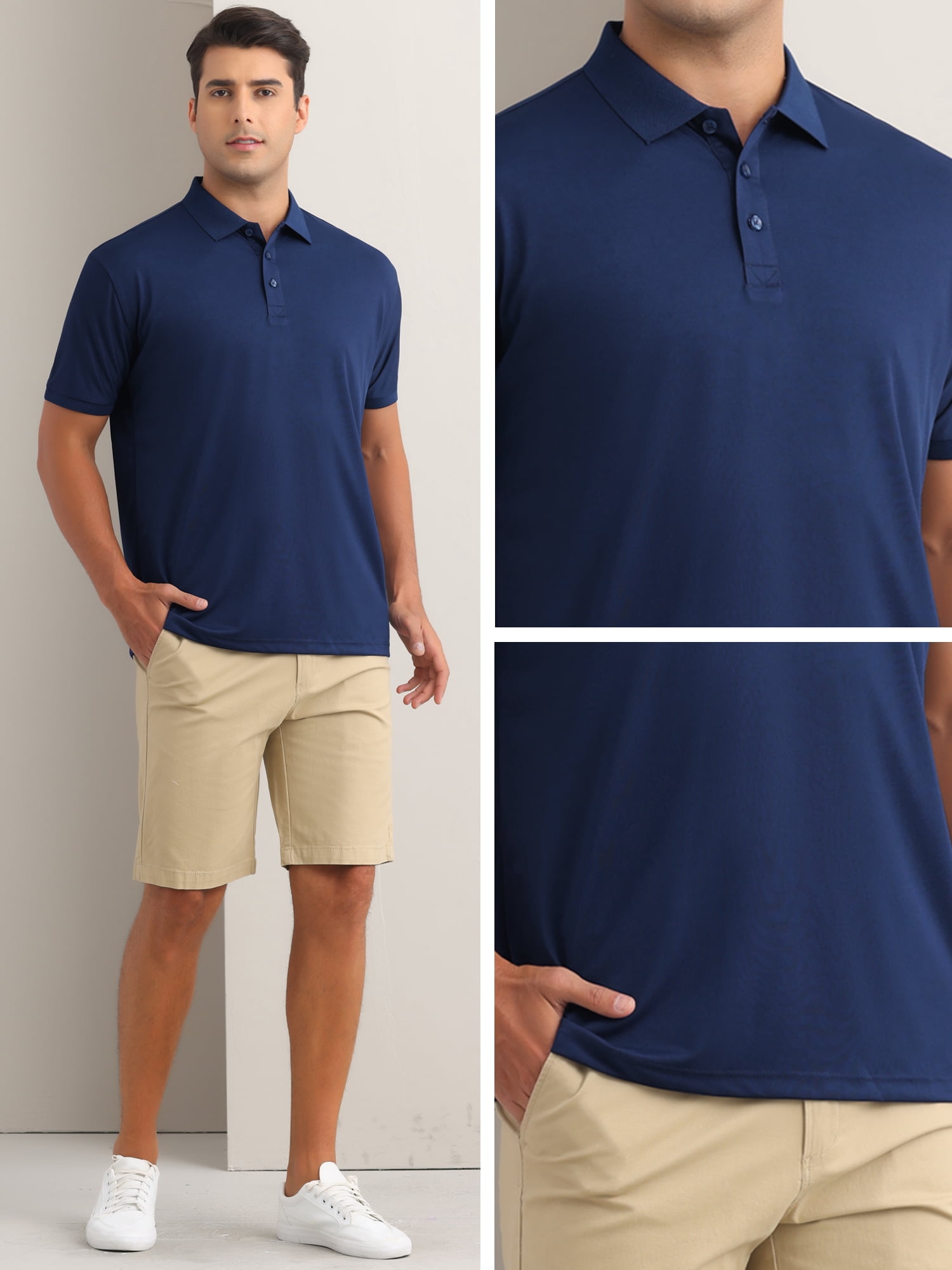 DARING DIVA Men's Solid Stretch Short Sleeve Slim Fit Golf Shirt L Dark Blue