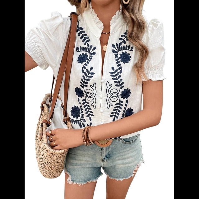 Blusas de Verano para Mujer 2025, Informales, con Volantes, Cuello en V, Corta Abullonada, Botones y Bordados. M