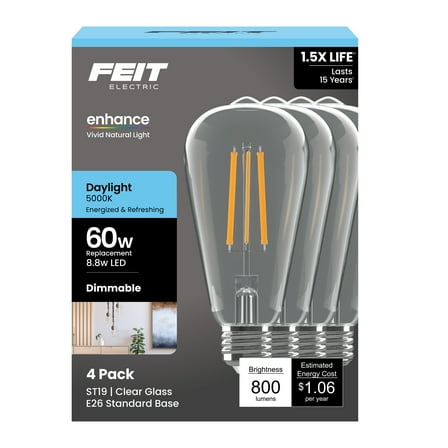 Feit Electric ST19 LED 8.8W (60W Equivalent) Daylight (5000K), Medium E26 Base, Clear Glass Filament, Dimmable Light Bulb 4 Pack