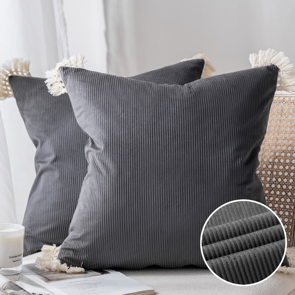 Phantoscope Soft Corduroy Velvet Decorative Throw Pillows with Cotton Tassel Trim, 18 x 18 in, Light Gray, 2 Pack