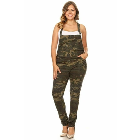 Women's Plus Size Camouflage/ BLUE/BLACK Overalls Distressed Jeans Stretch