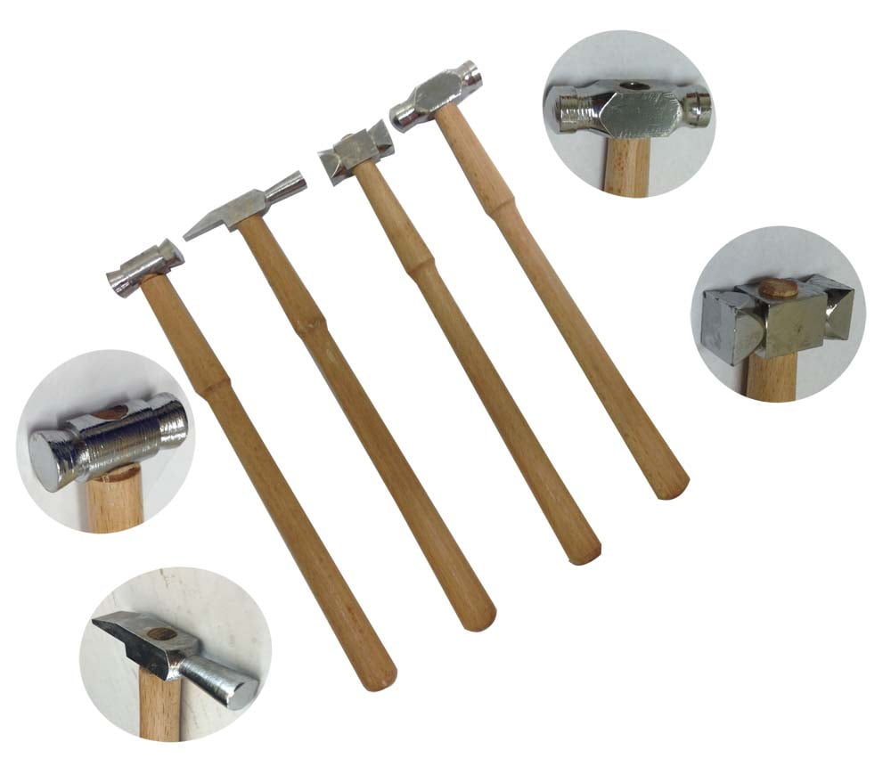 4pc Jeweler's Steel Hammer Set 9" Wooden Handle Square, Ballpein