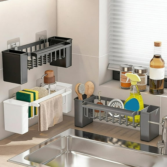 Kitchen Sink Caddy Organizer | Auto Draining Tray Sponge Holder Brush Storage Rack Plastic 12.4"Lx4.53"Wx4.13"H | Towel Rod Non-Slip White Gray Black