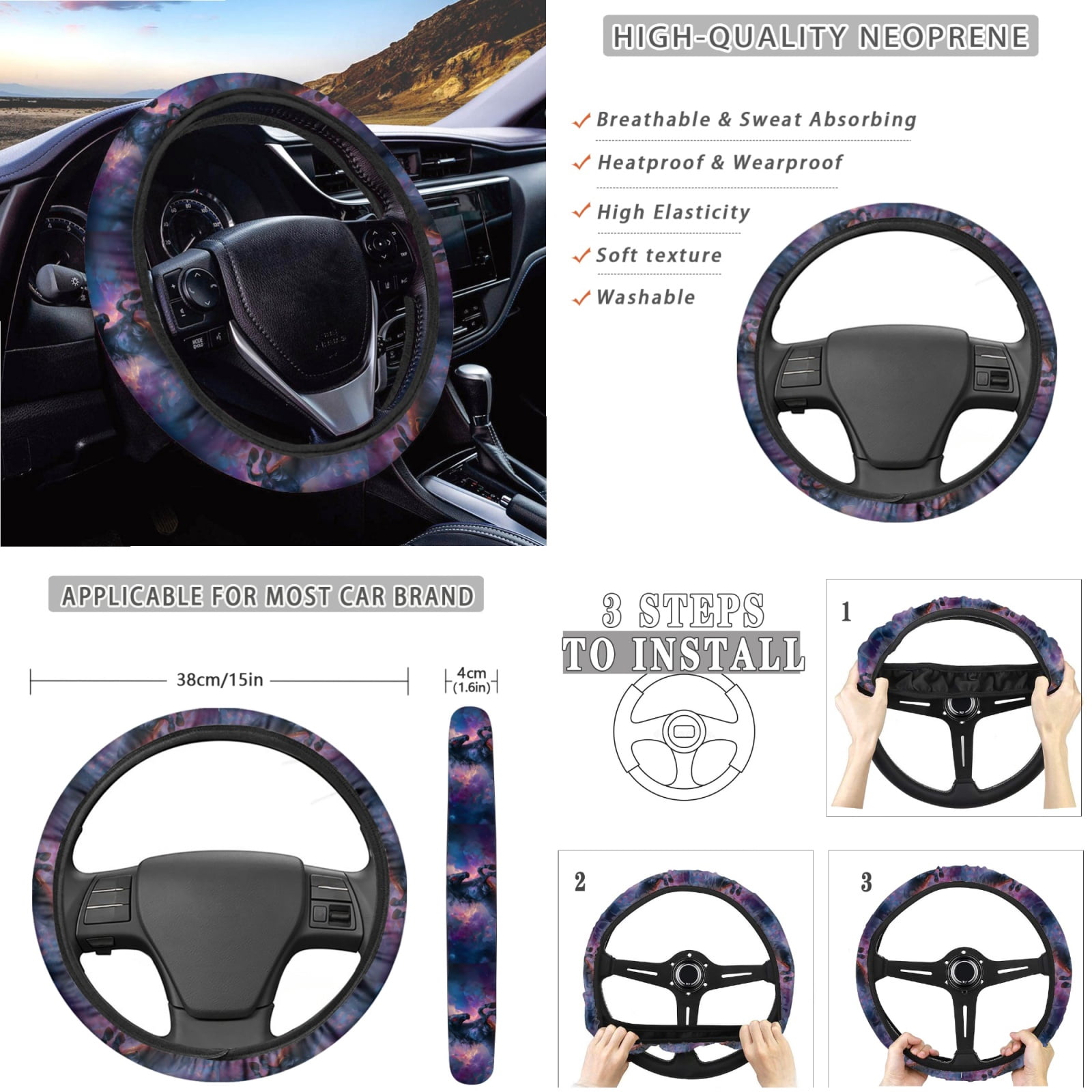Renewold Black Horse Galaxy Car Seat Cover Full Set 14 Pack, with Steering Wheel Seat Belt Rear View Mirror Center Console Trash Can Coaster Gear Shift Knob Cover Set Universal Fit for Most Vehicles