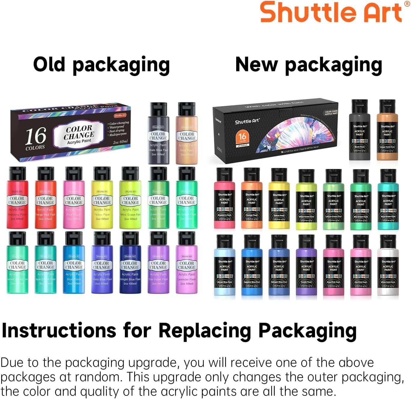 Shuttle Art Color Change Acrylic Paint Set, 16 Colors Chameleon Colors Acrylic Paint in Bottles (60ml/2oz), Non-Toxic for Artists, Beginners and Kids on Rocks, Crafts, Canvas, Wood, Fabric, Ceramic