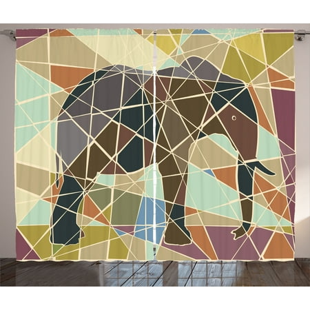 Elephant Curtains 2 Panels Set, Mosaic Design African Animal in Soft Colors Wildlife Nature Safari Theme Artwork, Window Drapes for Living Room Bedroom, 108W X 63L Inches, Multicolor, by