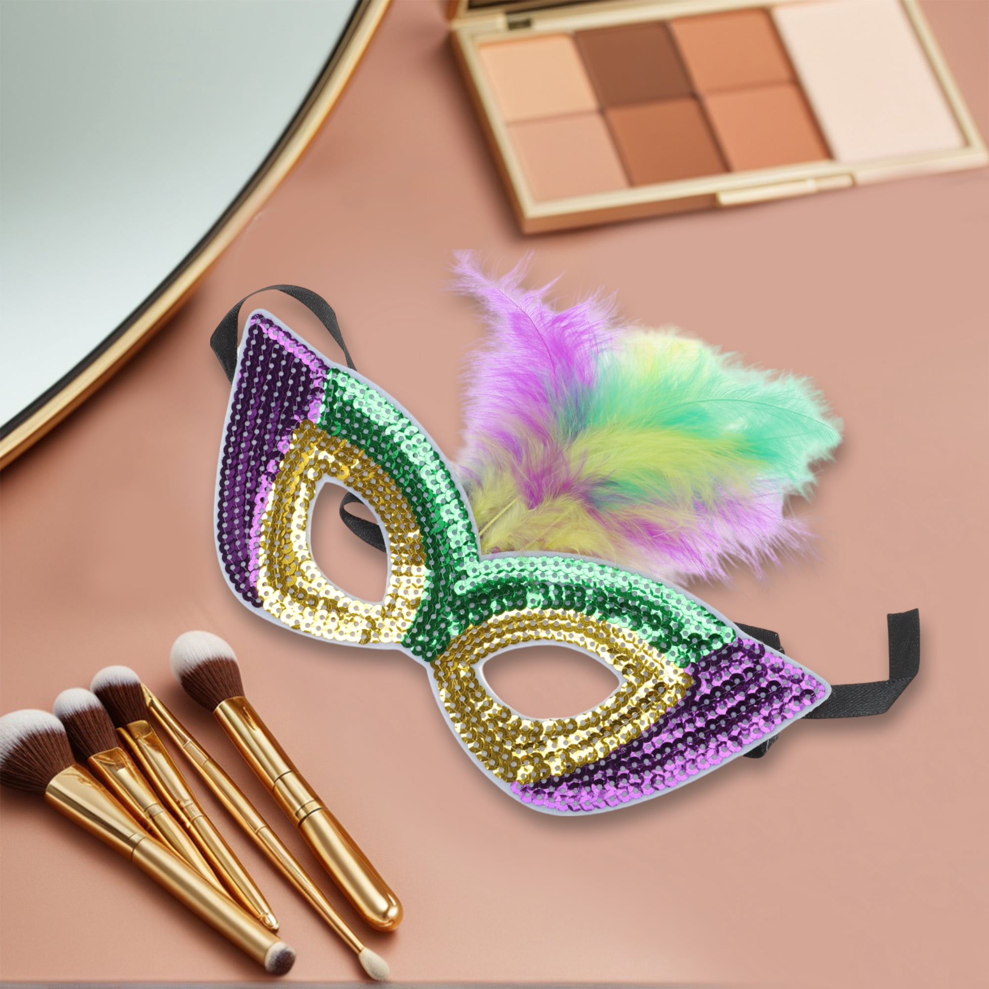 Unique Bargains Colorful Feather Sequins Half Face Party Mask Gold