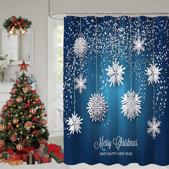 Blue Christmas Shower Curtain, Christmas Snowflakes Shower Curtains for Bathroom Decor, Winter Holiday Shower Curtain, Xmas Glitter Sparkle Fabric Cloth Bath Curtain, 72x72 Inch