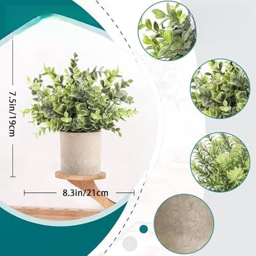 3 Pack Mini Potted Fake Plants Artificial Plastic Eucalyptus Plants Topiaries for Home Office Desk Farmhouse Shelf Room Bathroom Decor(Sage Green)