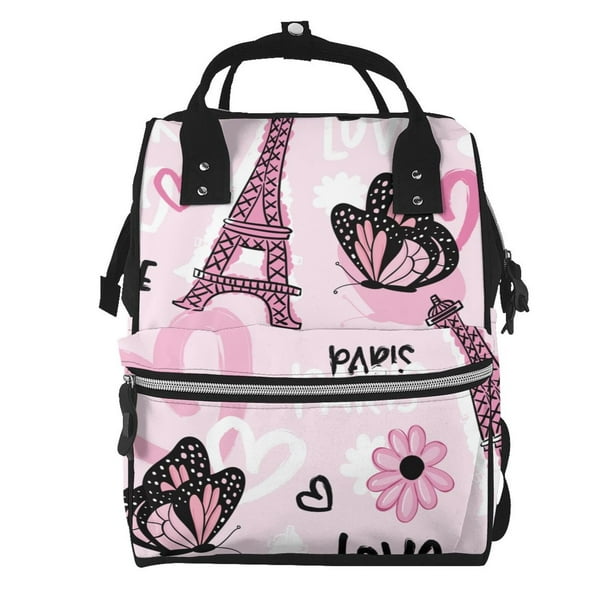 Fotbe Eiffel Tower and Butterflies Mochila Maternidad - Lona de Sarga Impermeable, Mochila de Pañales de Gran Capacidad con Múltiples Bolsillos y Correas Ajustables