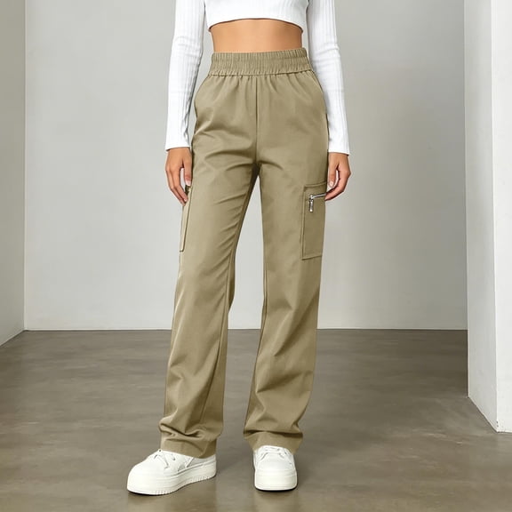 Pounoo Women's Pants Elastic Waist Knit Pants Streetwear Style Lightweight Breathable Cargo Pocket Wide Leg Drawstring Waist Pants Gift