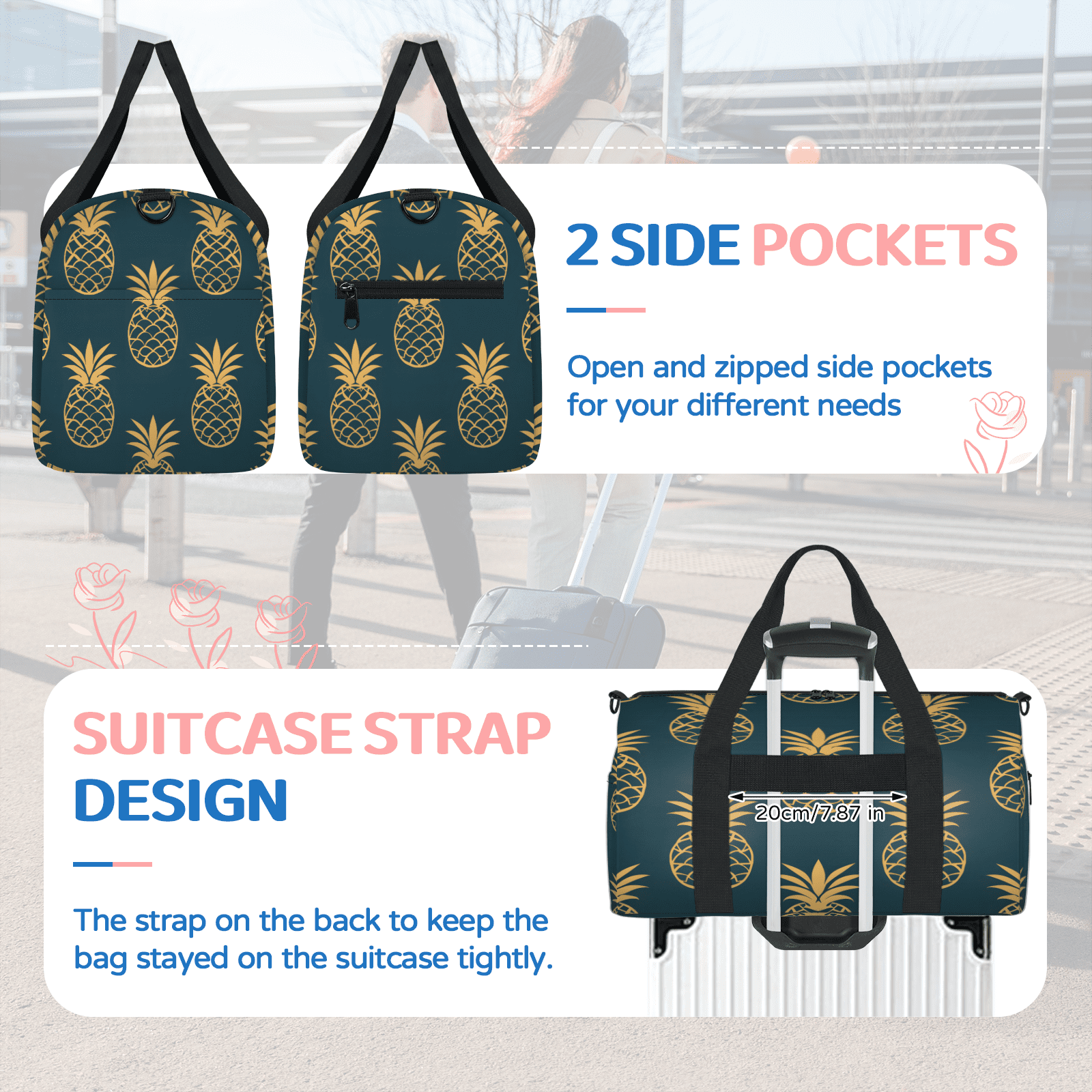 Herdesigns Pineapple Travel Duffle Bag Sports Yoga Weekender Overnight Carry on Workout Bags Lightweight Waterproof Gym Tote Bag for Women Golden